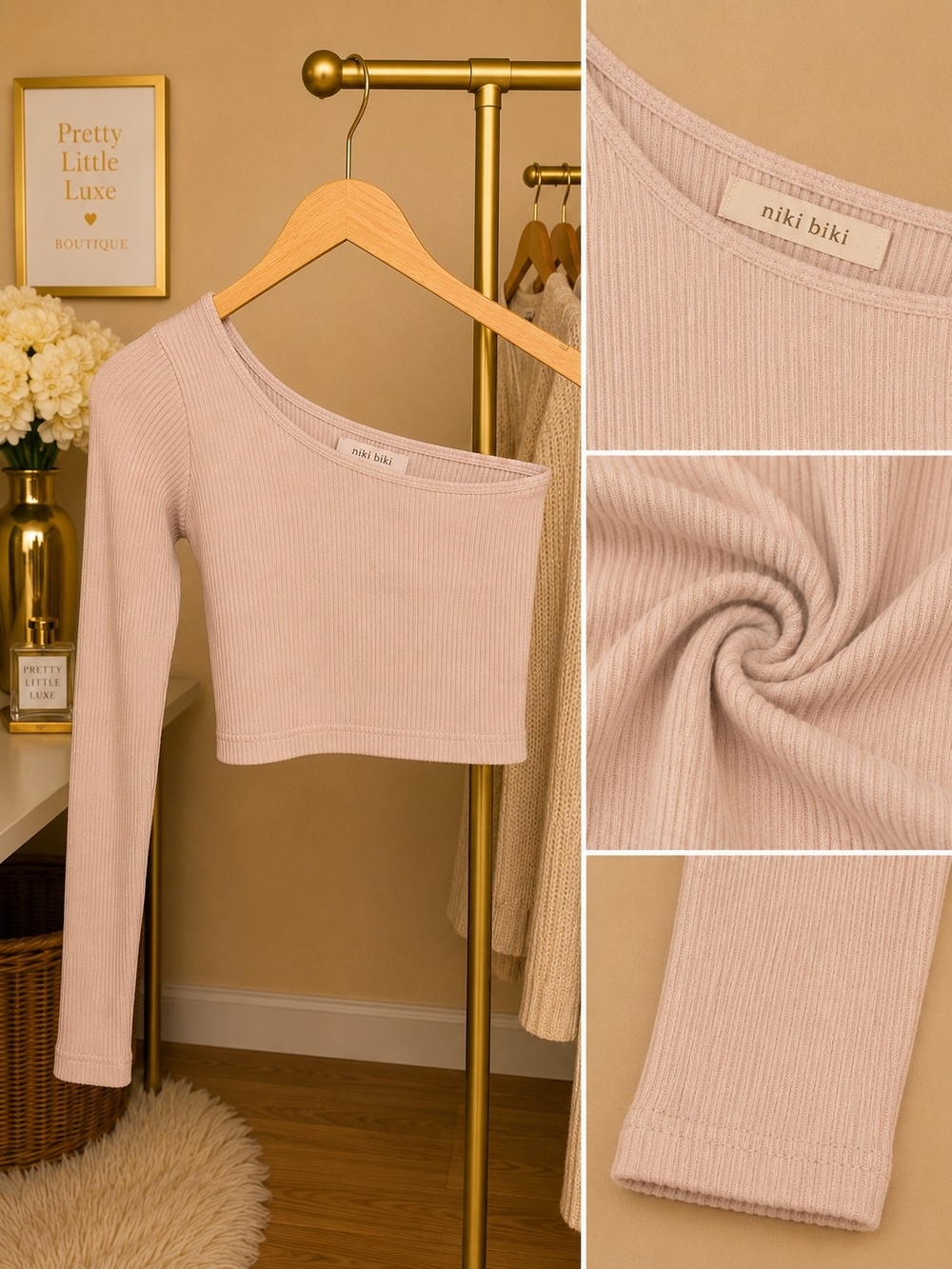 Nikibiki One-Shoulder Long Sleeve Ribbed Crop Top in Light Mauve Small